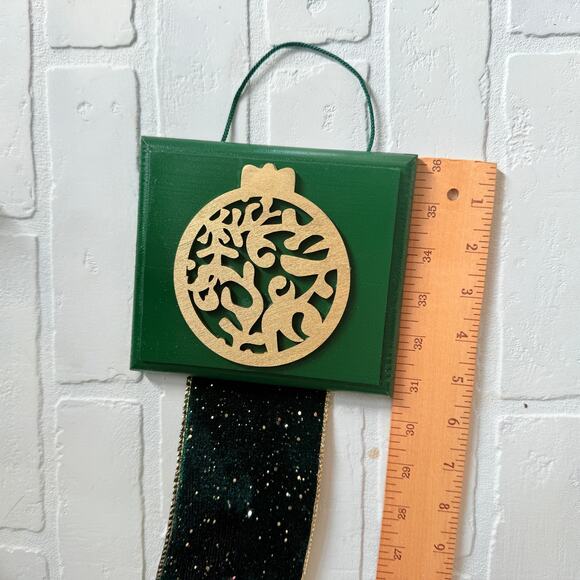 Christmas Holiday Card Holder Green Wooden Topper Gold Ornament Sparkle Ribbon - Picture 6 of 7